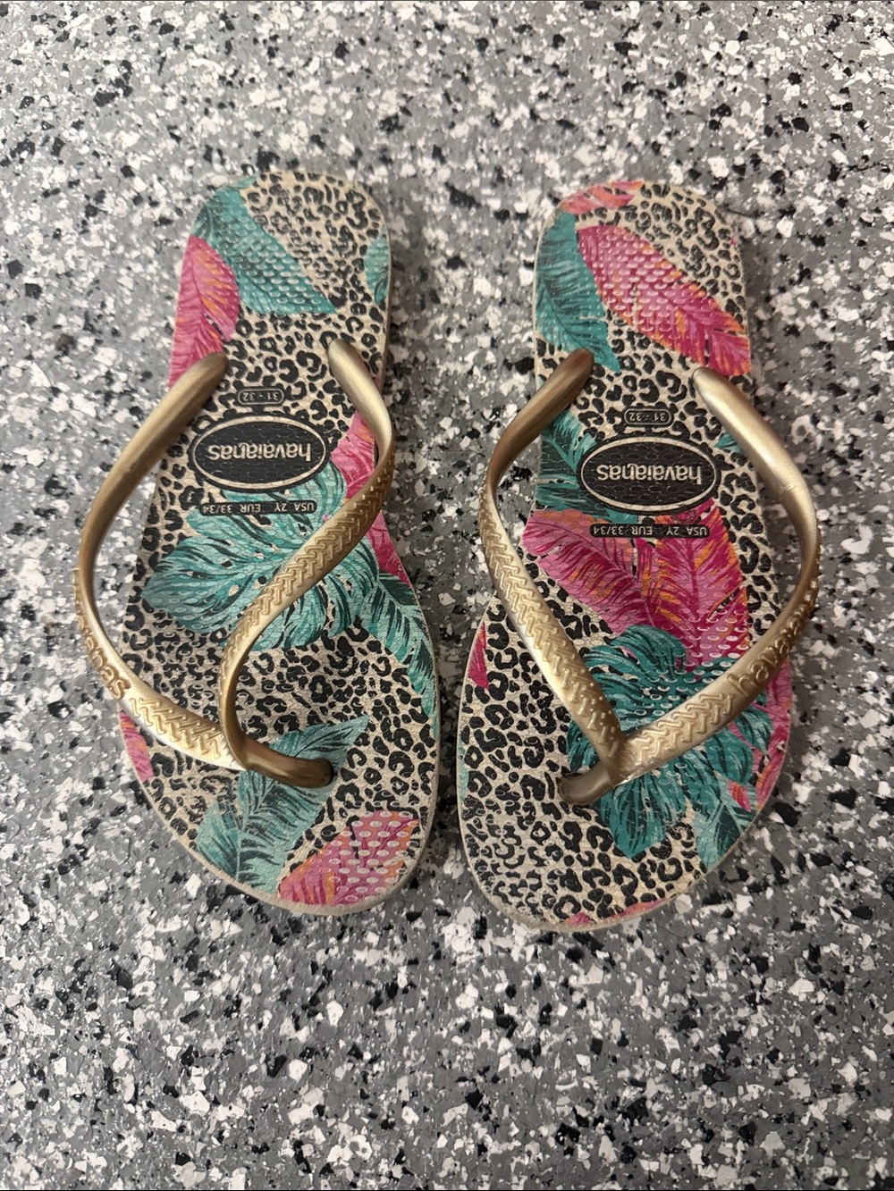 Havaianas Gold-Strap Flip Flops with Teal and Pink Tropical Leaves